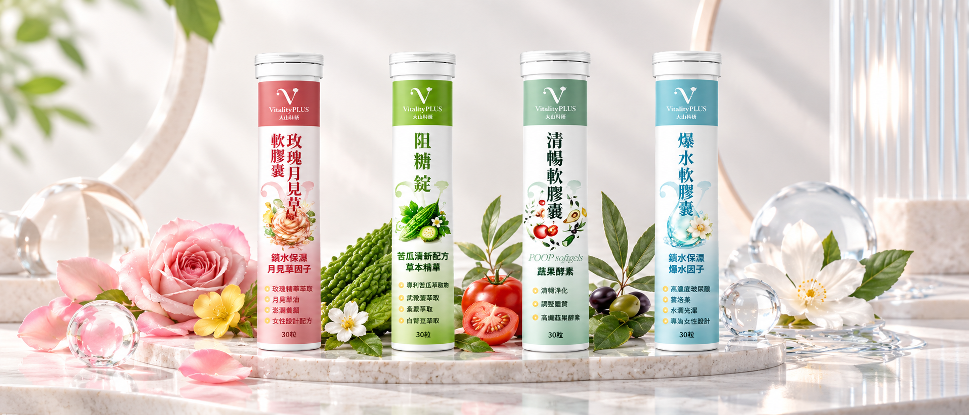 Four colorful supplement bottles on a marble tray with flowers, leaves, and soft daylight background.